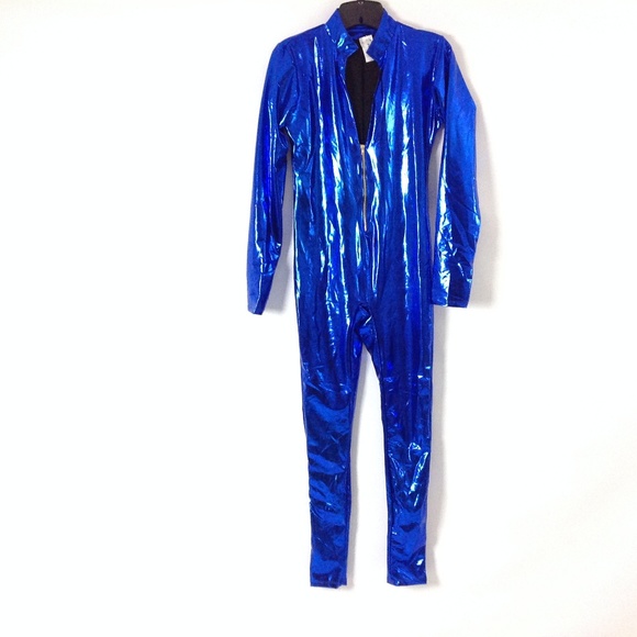 blue leather jumpsuit
